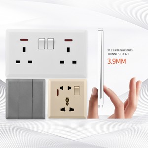 Ho fihla ho hocha BS UK standard switched 5 pin universal socket e nang le neon super slim Letlalo le ikutloa le ama letlapa bakeng sa sokete ea switch ea lebota.